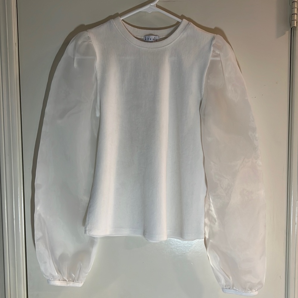 Kit & Sky womens top with sheer sleeves.